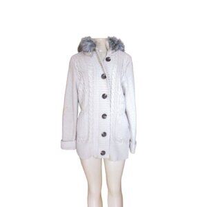 Y2K Michelle Nicole Beige Chunky Knit Full Zip Button Faux Fur Hooded Cardigan M